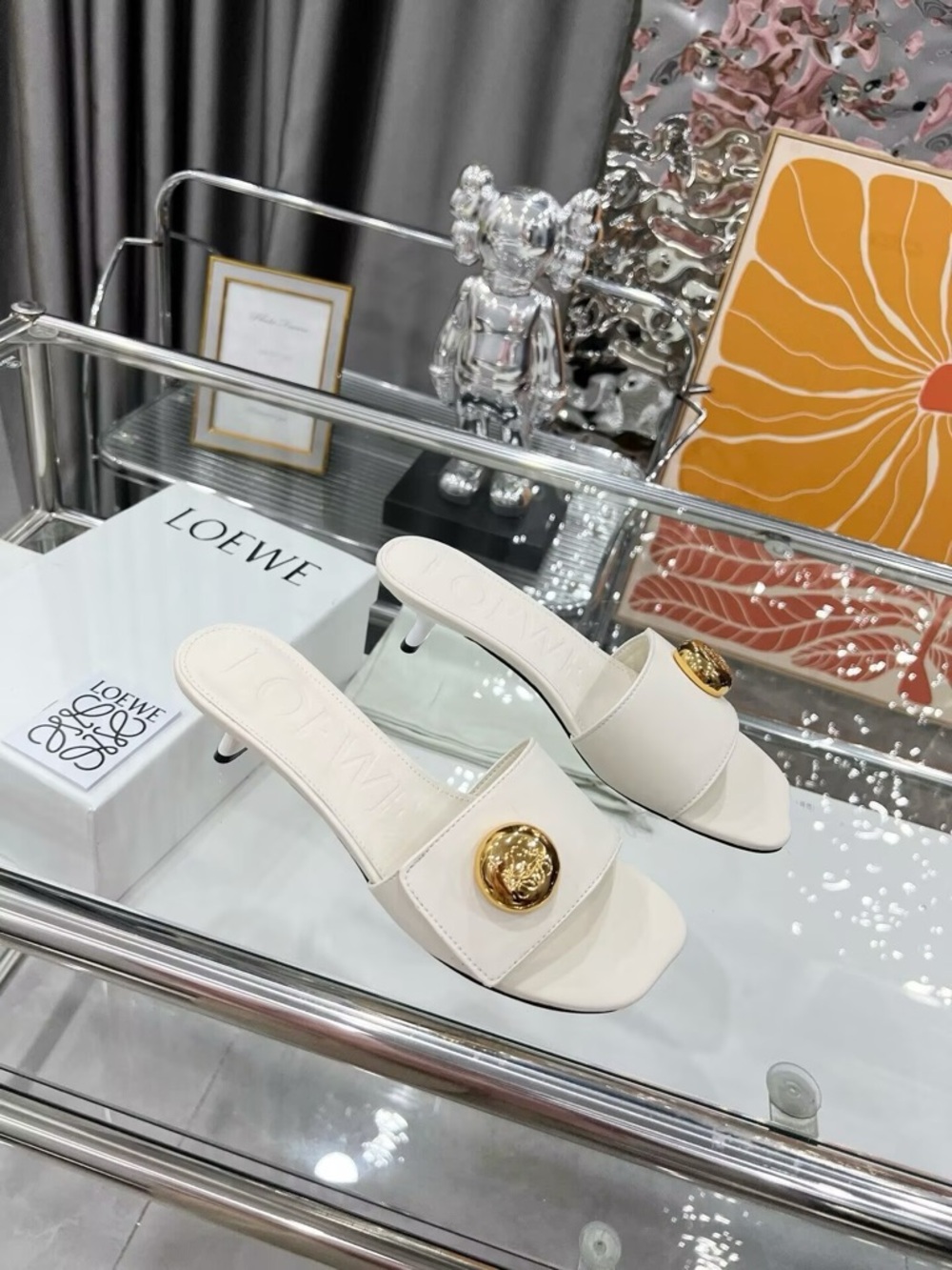 Loewe Cream Leather Slide Mules with Gold Medallion - Picture 6 of 7